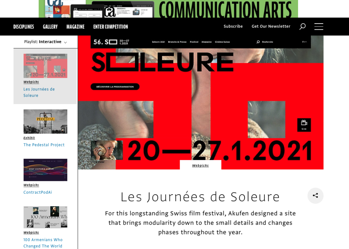 Screenshot des Beitrags zu Website Solothurner Filmtage in Communications Arts
