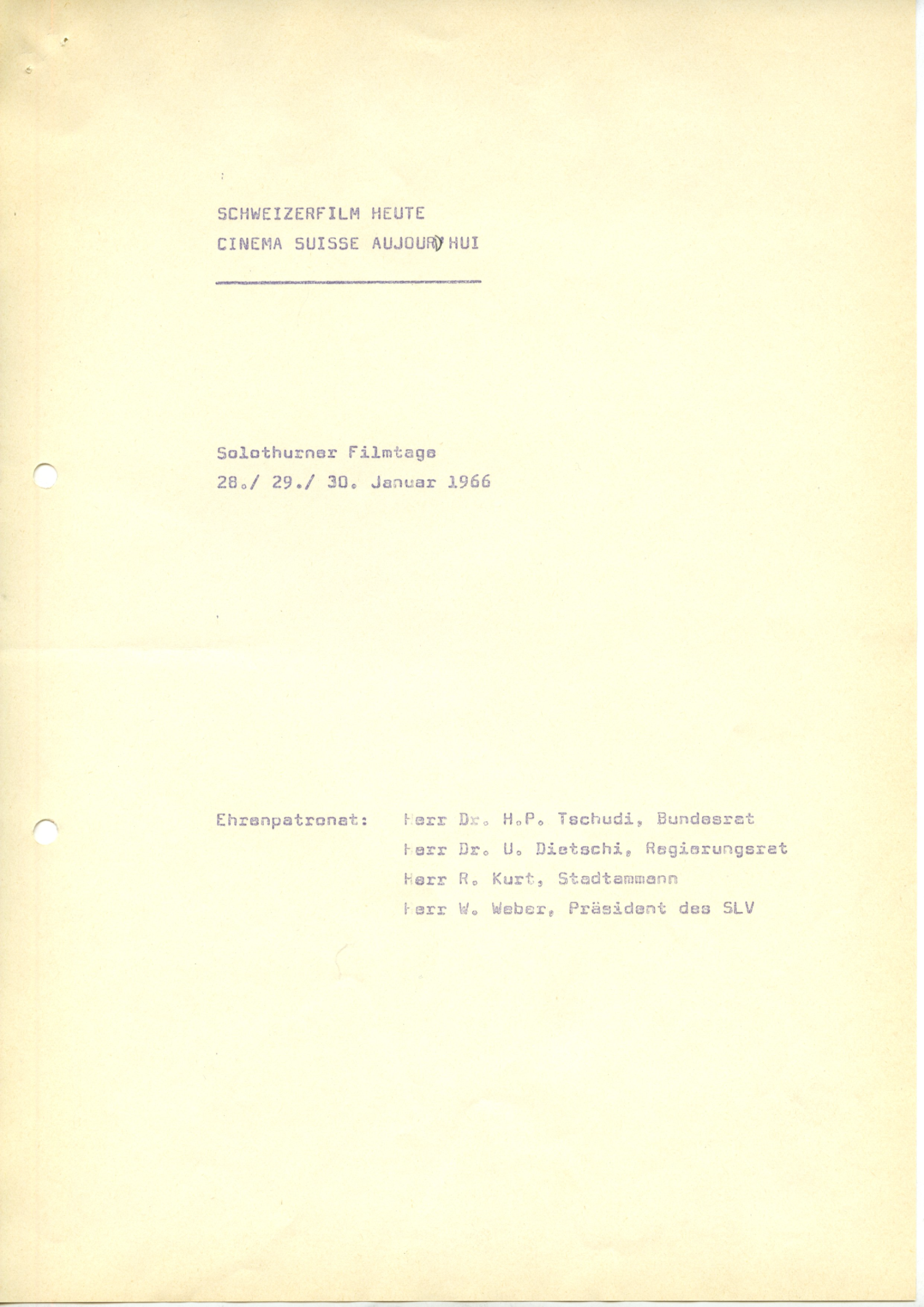 Programm der Tagung "Schweizer Film heute", 28. – 30. Januar 1966, S.1
