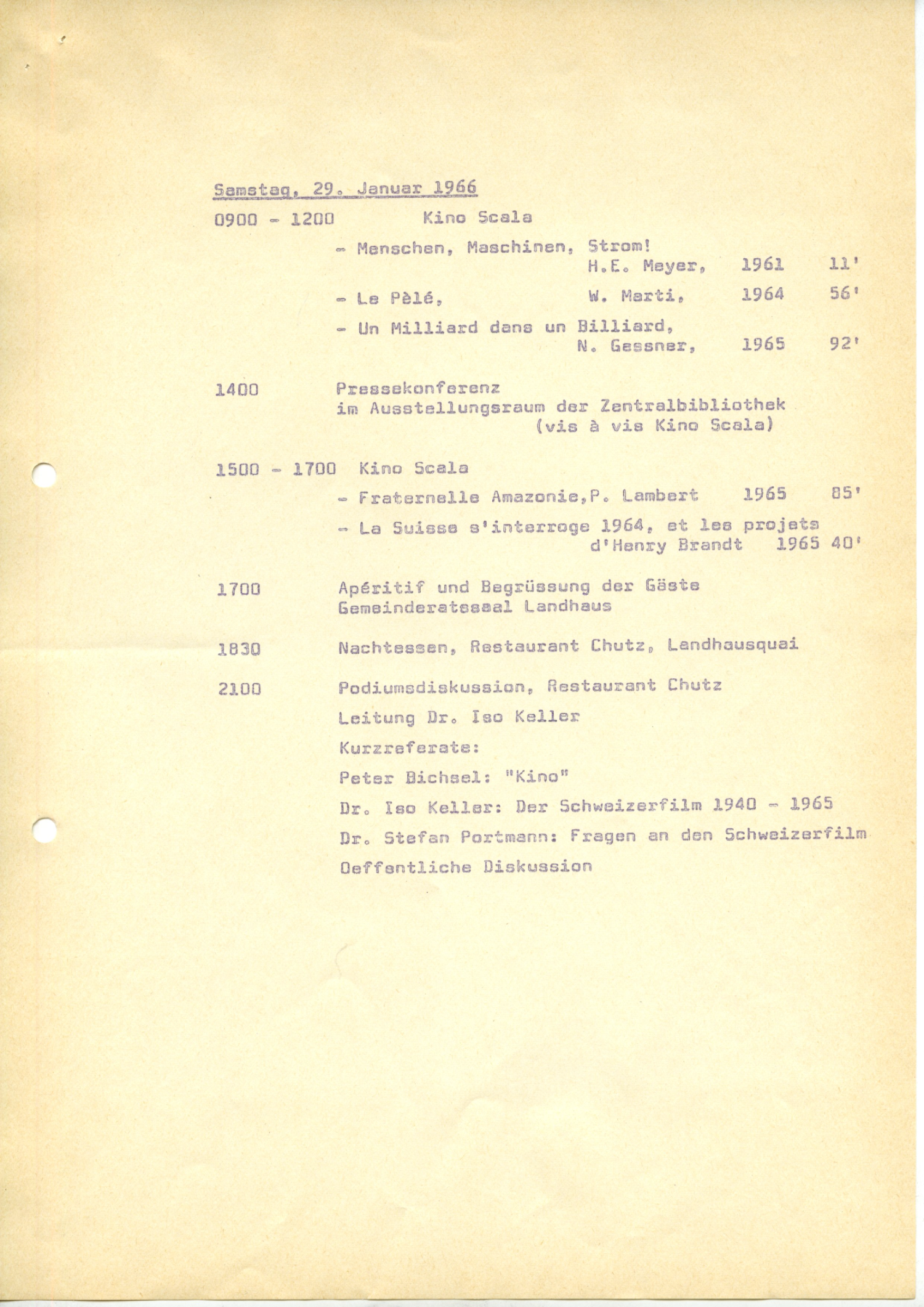 Programme du congrès "Cinéma suisse aujourd'hui", 28 – 30 janvier 1966, p.3