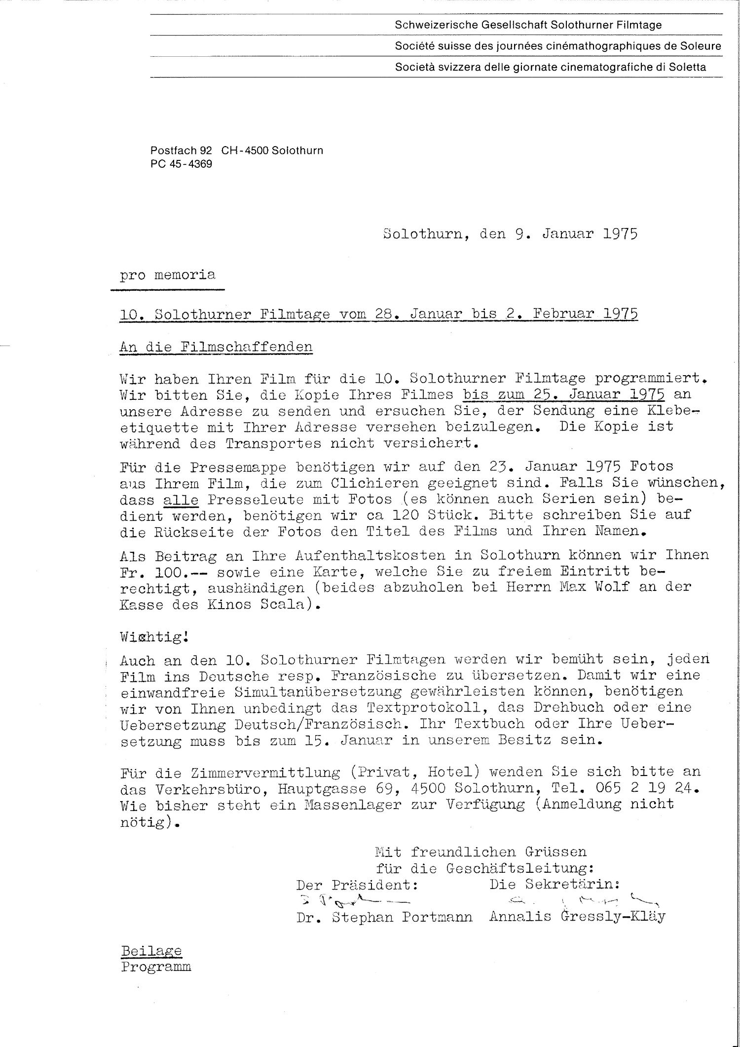 Brief an die Filmschaffenden, 1975, S.1