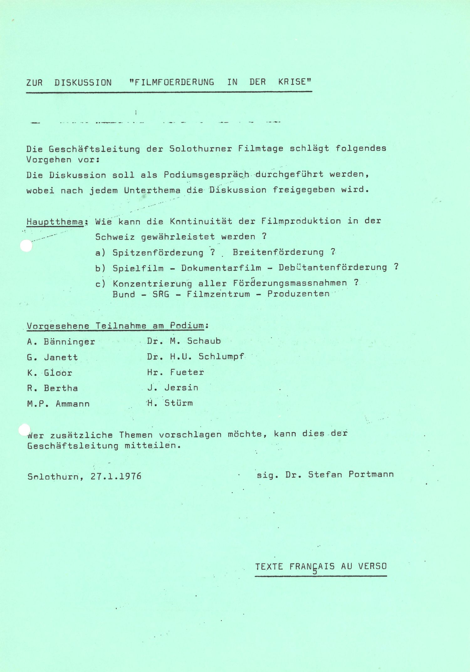 Zur Diskussion "Filmförderung in der Krise", 1976