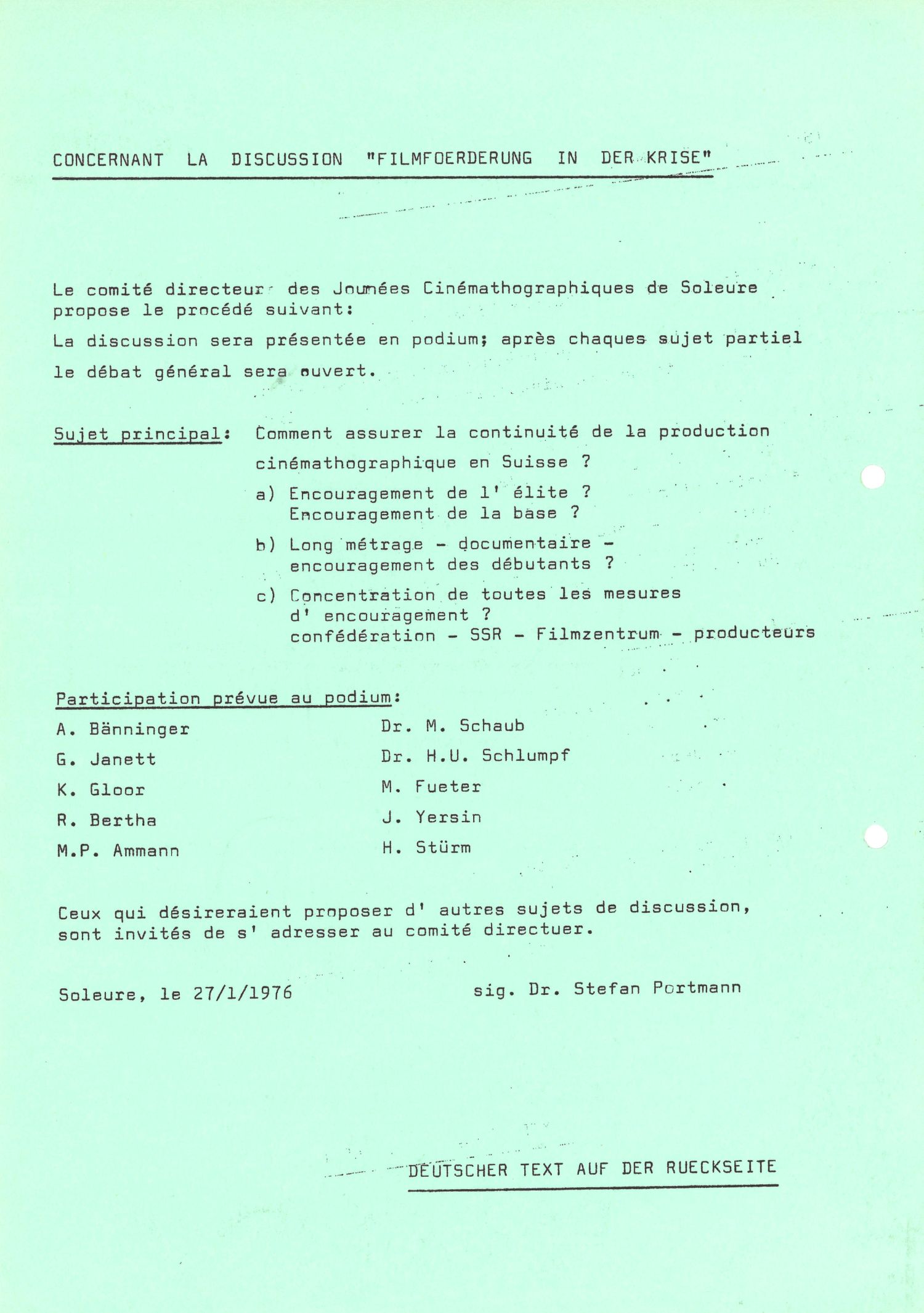 Concernant la discussion "Filmförderung in der Krise", 1976