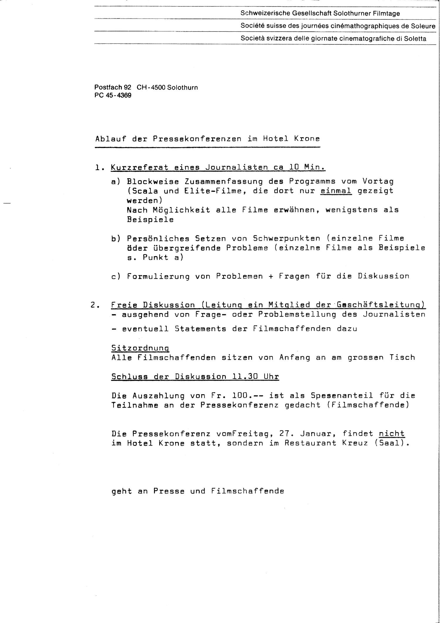 Déroulement de la conférence de presse à l'hôtel Krone, 1977, p.1