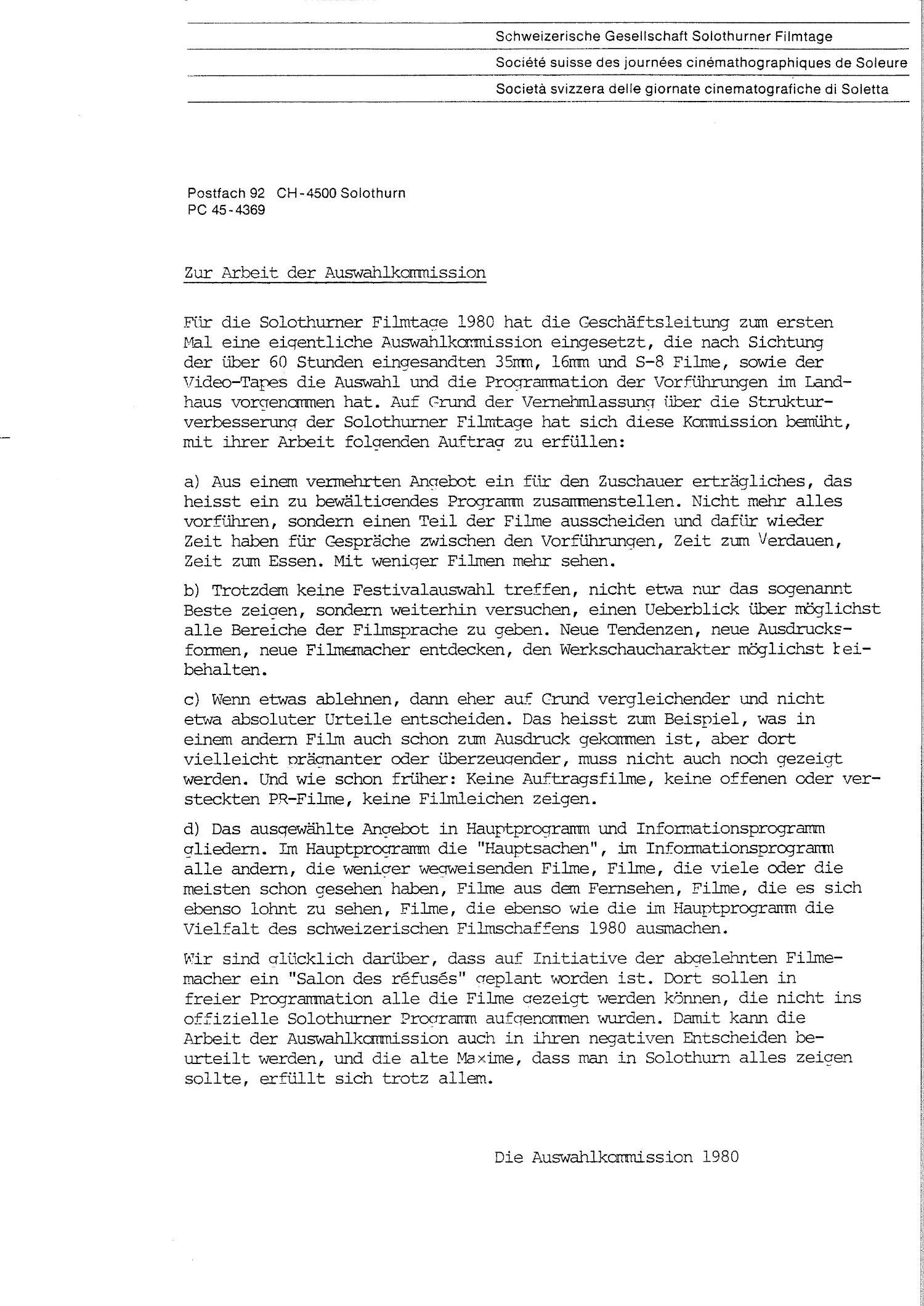A propos du travail de la commission de sélection, 1980