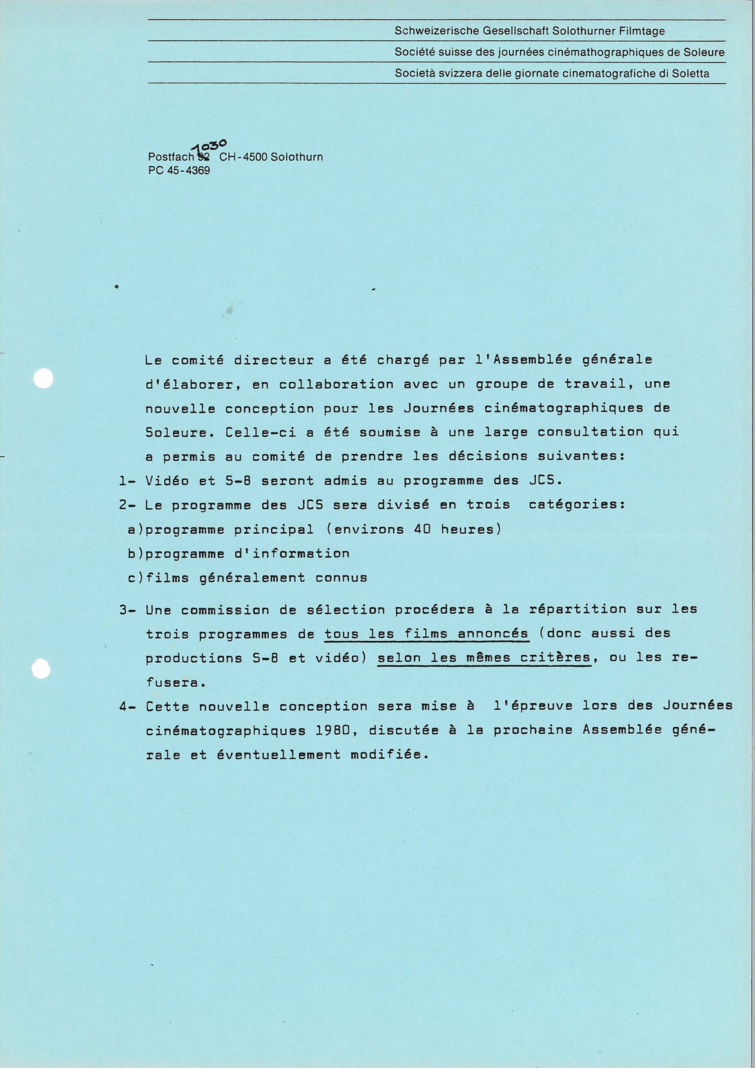 Nouvelle conception pour les Journées de Soleure, 1980