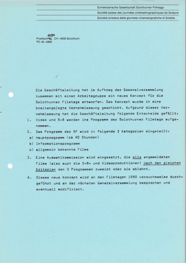 Neues Konzept für die Solothurner Filmtage, 1980